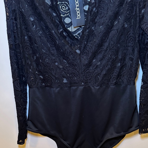 Sz 14 Boohoo Elegant Plush Plunge V-Neck Black Lace Bodysuit - Picture 4 of 5
